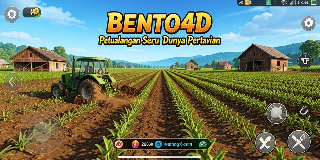 Screenshot gameplay BENTO4D menampilkan lahan pertanian yang subur dengan tanaman hijau.