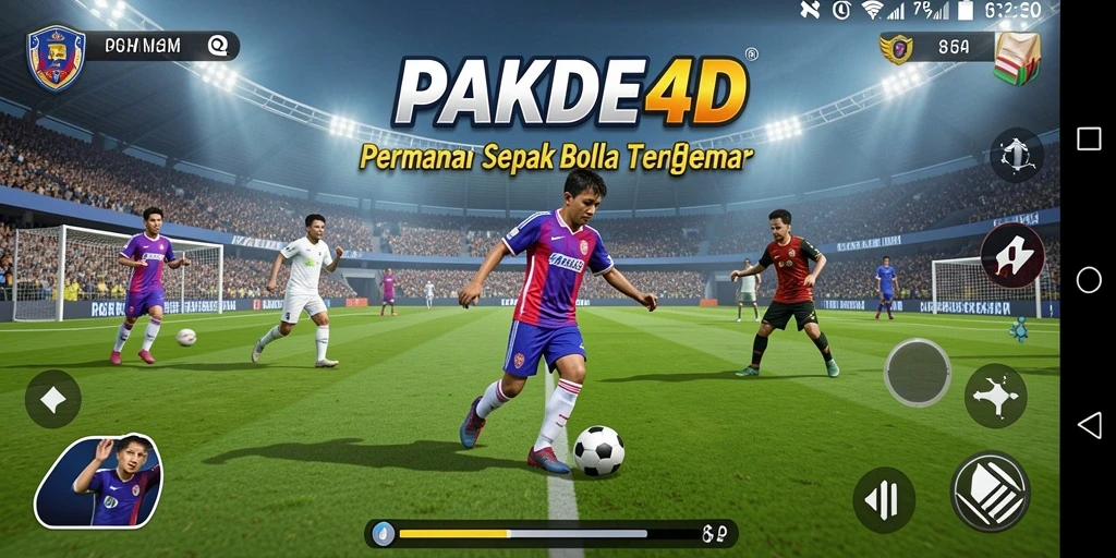 Tangkapan layar utama PAKDE4D menampilkan aksi permainan sepak bola yang intens.