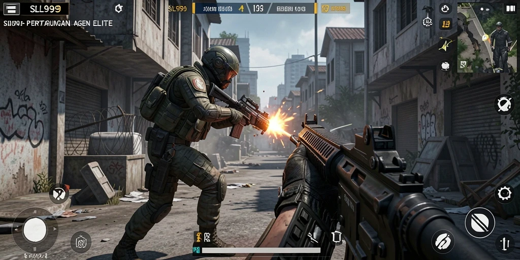Screenshot gameplay SL999 menampilkan aksi menembak yang intens.